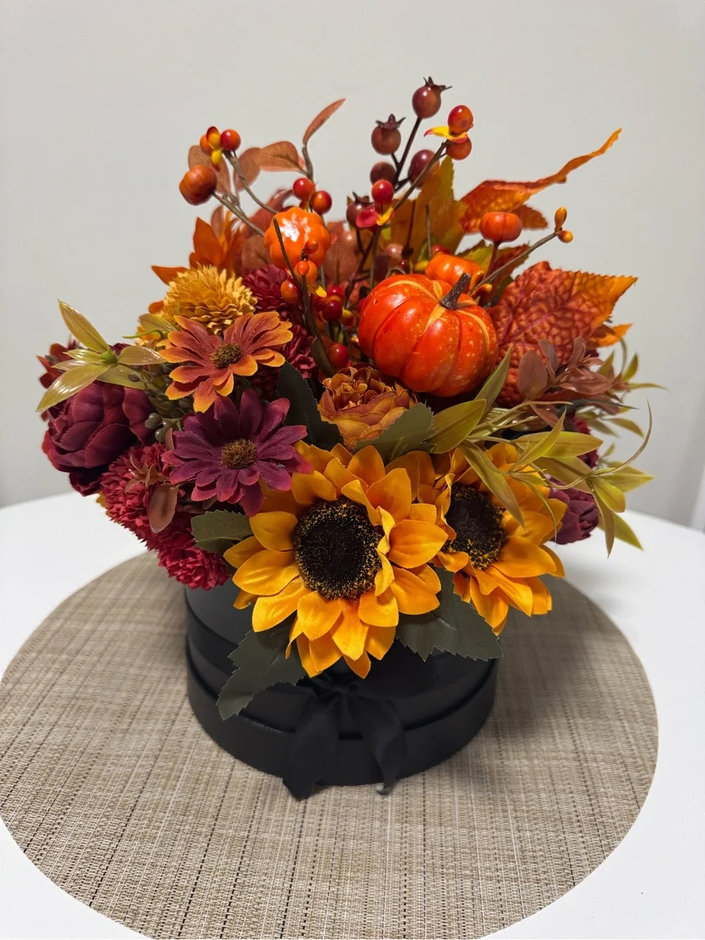 Autumn Harvest Sunflower & Pumpkin Floral Arrangement - Orange